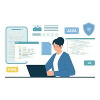 A woman is coding on a laptop surrounded by programming languages and UI interface elements. vector