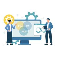 A DevOps team works with development, QA, and production lifecycle processes. vector