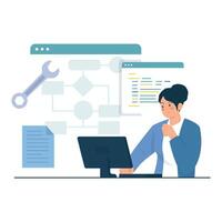 A woman works with logic flowcharts and tools for software architecture and development. vector