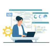 A female developer works with multiple code windows and API gear icon to integrate systems. vector