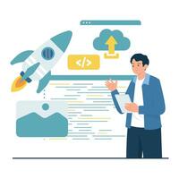 A developer works on launching an application with rocket and cloud upload symbols. vector