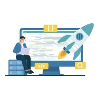A developer launches a web application with a rocket flying out from the screen. vector