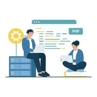 A male and female developer write PHP code while collaborating on a project. vector