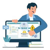 A worried developer finds a virus or bug in the system through code scanning. vector