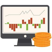 Cryptocurrency price chart with Bitcoin coins and trading bars on screen. vector