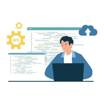 un masculino desarrollador trabajos en api codificación y basado en la nube sistemas vector