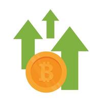 Bitcoin coin rising with upward green arrows representing value increase. vector