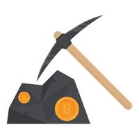 Pickaxe mining gold bitcoins from rocks, representing digital cryptocurrency mining. vector