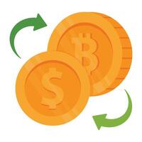 Dollar and Bitcoin coins with arrows indicating digital currency conversion. vector