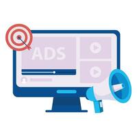 A desktop screen shows a ad and a bullseye target symbolizing focused digital advertising. vector