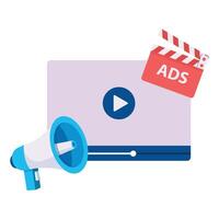 A megaphone and a player interface highlight the concept of ads in digital marketing. vector