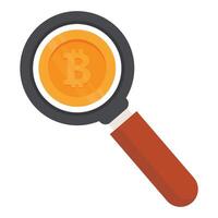 Magnifying glass zooming into a bitcoin, symbolizing investigation or analysis in crypto trading. vector
