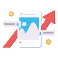 A smartphone with engagement icons and a red arrow illustrates growing online interactions. vector