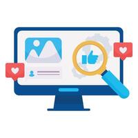 A computer screen with charts and a magnifying glass showing engagement metrics analysis. vector