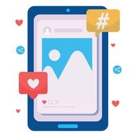 A smartphone displaying a post with engagement icons like likes, hashtags, and shares floating around. vector