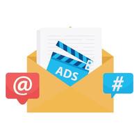 An envelope containing ad tools and symbols shows an email-based marketing strategy. vector