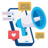 A loudspeaker with social interaction bubbles and a smartphone signifies an active online promotion. vector