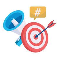 A megaphone, bullseye, and hashtag icon depict focused hashtag-driven promotions. vector