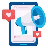 A megaphone appears on a mobile screen surrounded by heart icons, symbolizing digital promotion and user engagement. vector