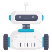 A cute white robot with wheels and a rectangular faceplate, designed in a flat style. vector