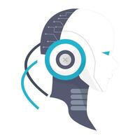 A minimalistic side view of a humanoid AI robot head with embedded circuits and headset. vector