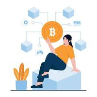 A woman holding a Bitcoin token surrounded by multimedia blockchain links. vector