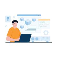 A male developer coding and designing a secure blockchain data structure. vector