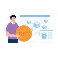 A man showcasing a secure blockchain network connected to NTFs. vector