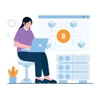 Blockchain technology. illustration of A woman working on a blockchain system connected to Bitcoin using her laptop. vector