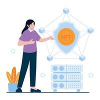A woman demonstrating a secure blockchain network that protects NTFs. vector