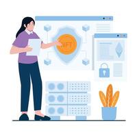 A woman explaining a blockchain-based shield system for NFT protection. vector