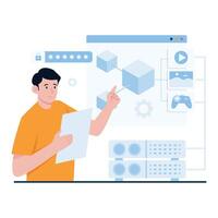 A man pointing at a secure blockchain used for managing multimedia content. vector