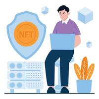 A man using a laptop in front of a system protecting NTFs through blockchain. vector