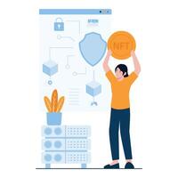 A woman raising an NFT coin while blockchain security visuals appear behind. vector