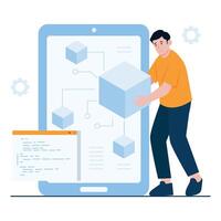 A developer arranging elements of a blockchain ecosystem on a large screen. vector