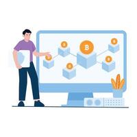 A man explaining how Bitcoin transactions flow through a blockchain network. vector