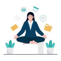 A business woman meditates calmly while managing multiple work tasks. vector