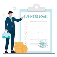 A businessman explains a business loan contract with financial documents. vector