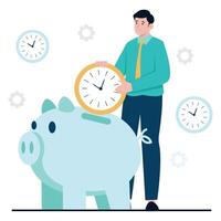 Man saving time by putting a clock into a piggy bank symbolizing productivity. vector
