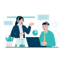 Two professionals with headsets collaborating in a customer support environment. vector