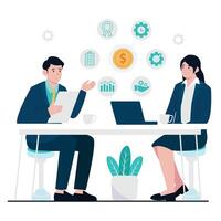 Business professionals discussing financial strategy at a table. vector