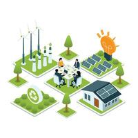 Isometric scene showing professionals discussing sustainable energy strategies with wind turbines, solar panels, and eco-friendly technology vector