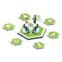 Professionals conducting a sustainability presentation with connected green topic icons around them. vector