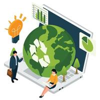 Professionals analyzing environmental data and global sustainability reports with recycle icons and green earth visuals. vector