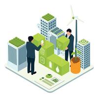 Businesspeople managing eco-friendly infrastructure with icons representing sustainability and clean resources. vector