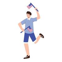 A young boy joyfully holds two American flags in a festive Independence Day mood. vector