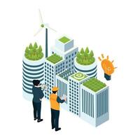 Engineers analyzing green energy solutions on a rooftop with solar panels and vegetation. vector