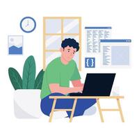 A man working on a laptop at home with programming code displayed on the screen. vector