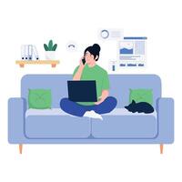 A woman using her laptop and talking on the phone while working remotely from a couch. vector