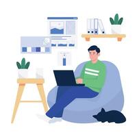 A man focused on graphic design work from home, surrounded by UI and color palette tools. vector